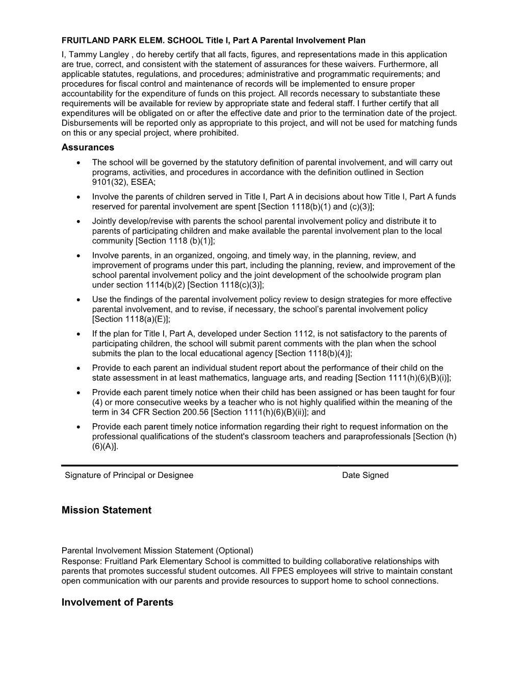 FRUITLAND PARK ELEM. SCHOOL Title I, Part a Parental Involvement Plan