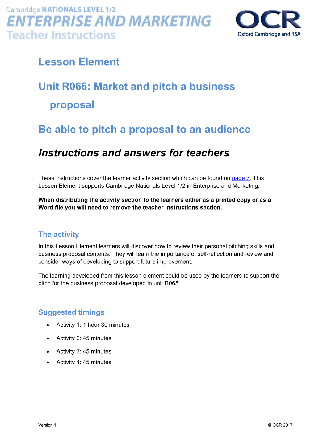 Cambridge Nationals in Enterprise and Marketing Unit R066: Market and Pitch a Business Proposal