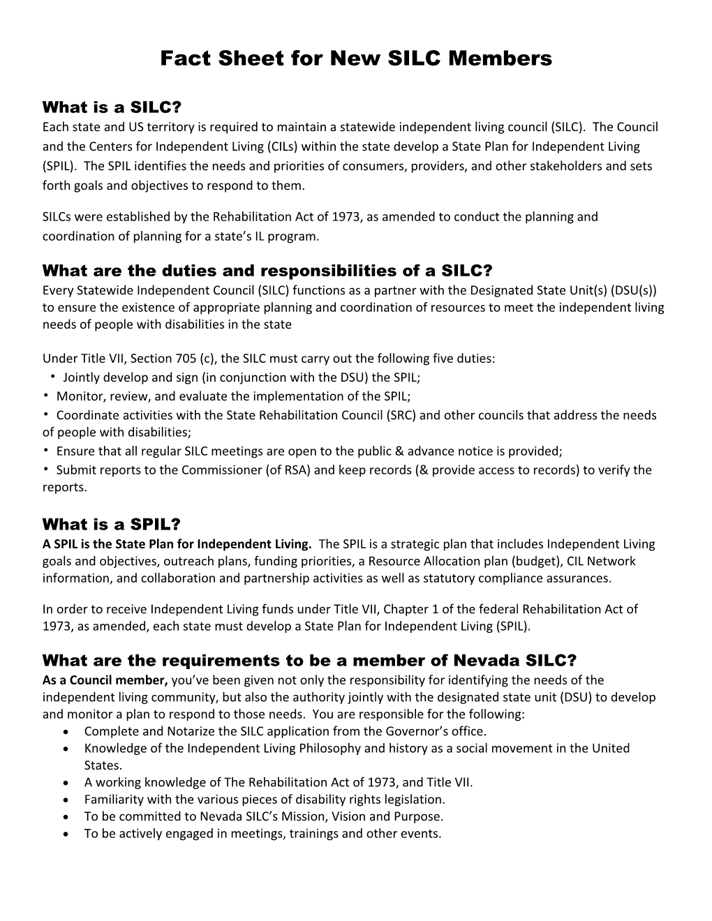 Fact Sheet for New SILC Members