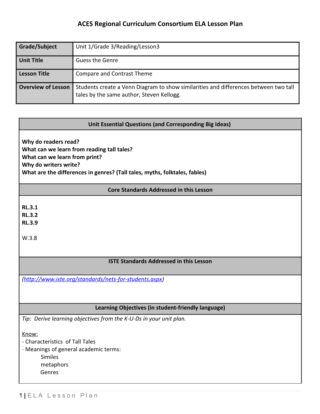 ACES Regional Curriculum Consortium ELA Lesson Plan