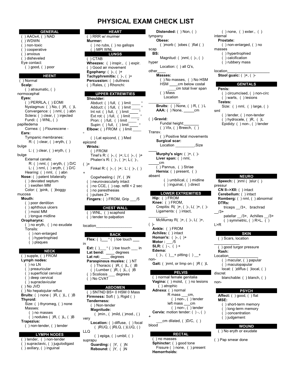 Physical Exam Check List