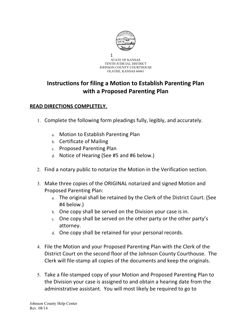 Instructions for Filing a Motion to Establish Parenting Plan