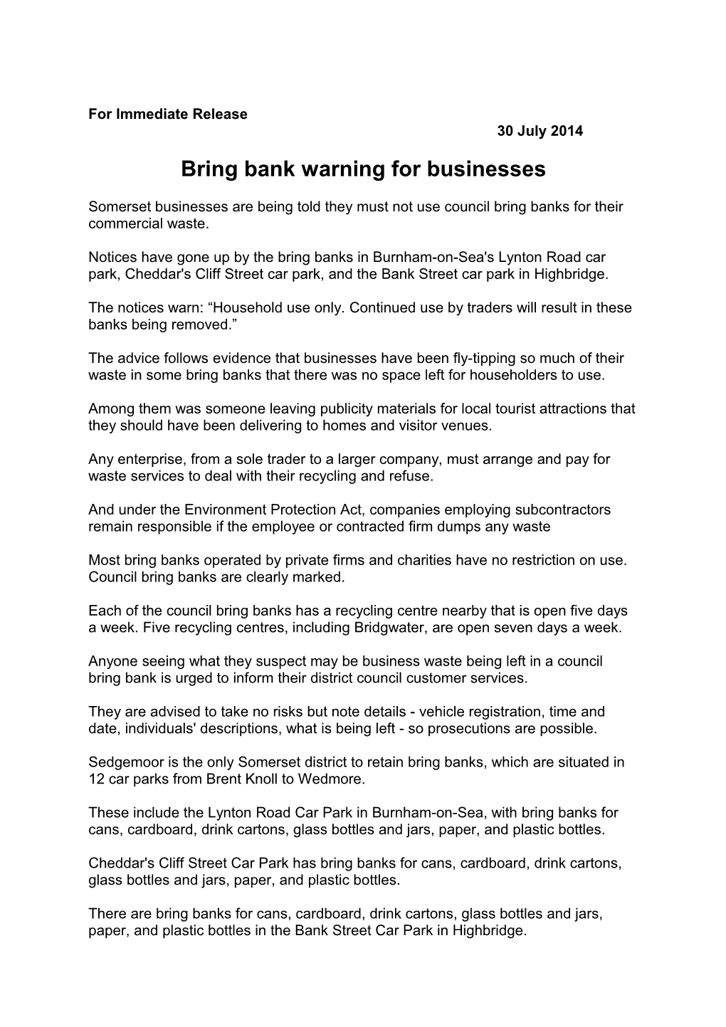 Bring Bank Warning for Businesses