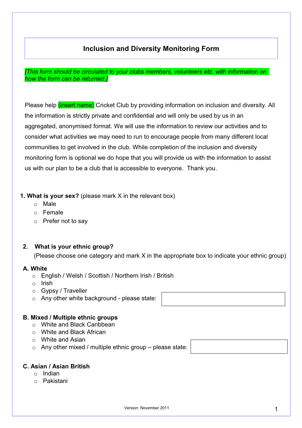 Inclusion and Diversity Monitoring Form