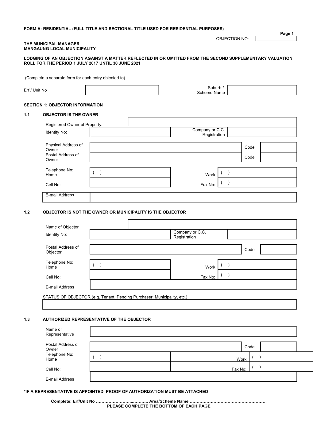 FORM A: RESIDENTIAL (FULL TITLE and SECTIONAL TITLE USED for RESIDENTIAL PURPOSES) Page 1
