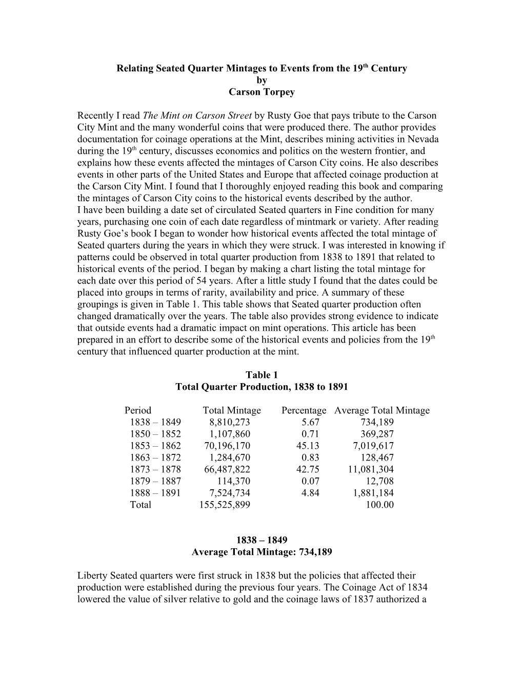 Relating Seated Quarter Mintages to Events from the 19Th Century