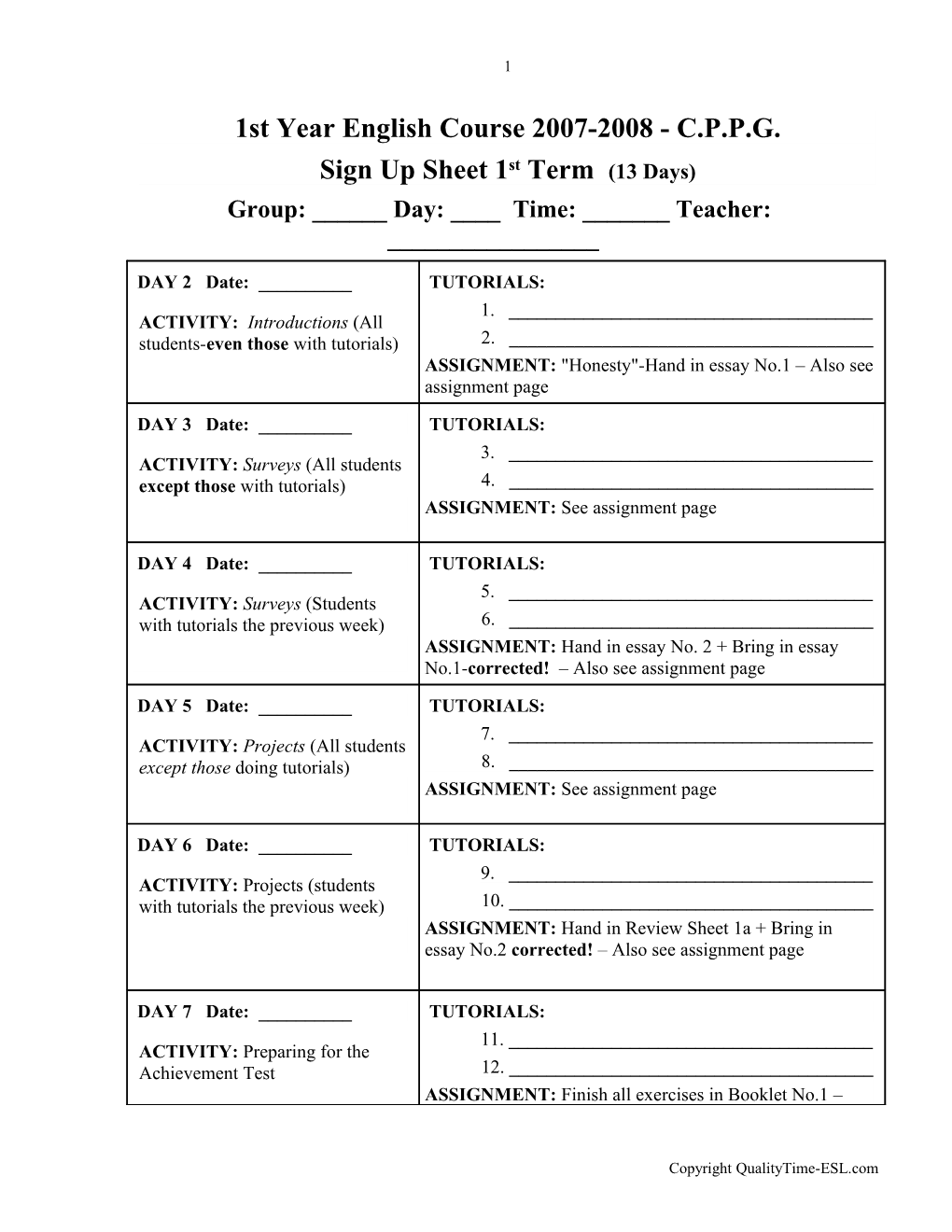 Introduction to the 1St Year English Course