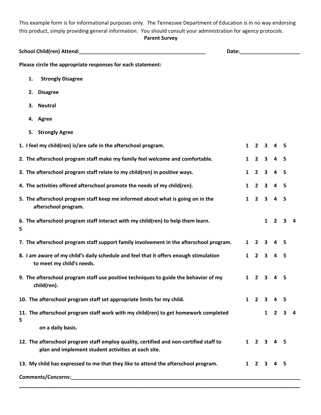 This Example Form Is for Informational Purposes Only. the Tennessee Department of Education