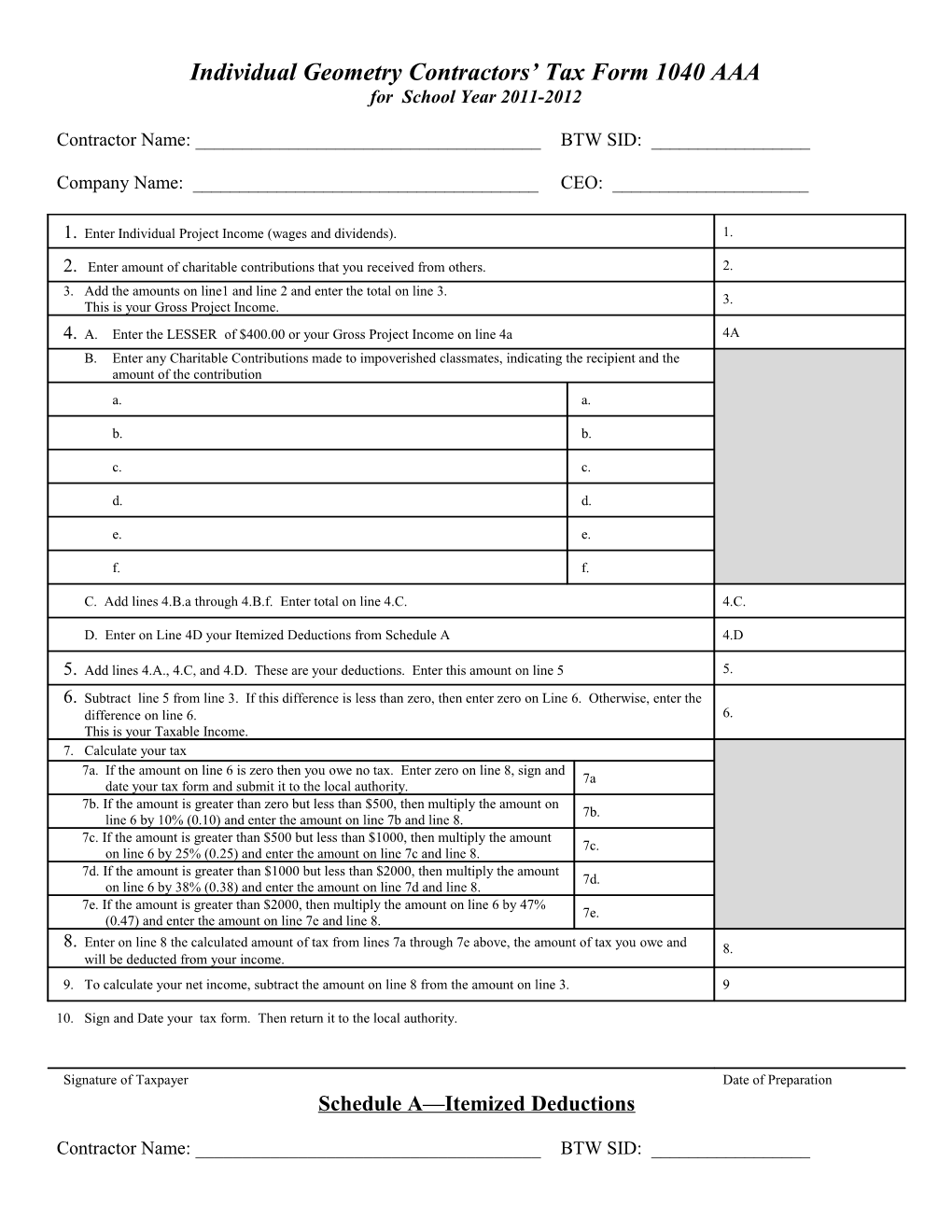 Individual Geometry Contractors Tax Form 1040 AAA
