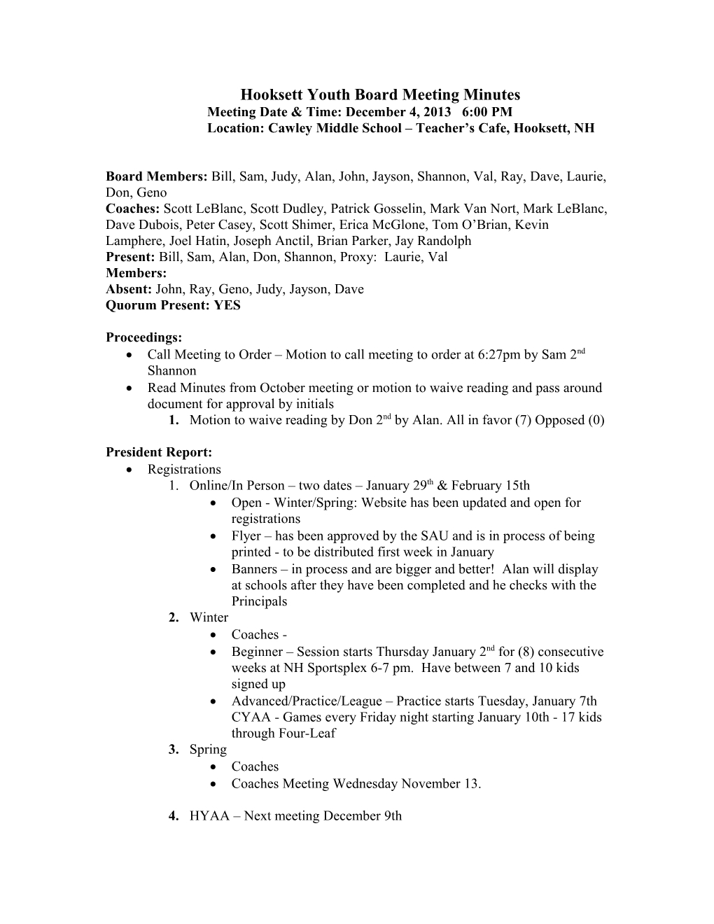 Hooksett Thunder Board Meeting Minutes