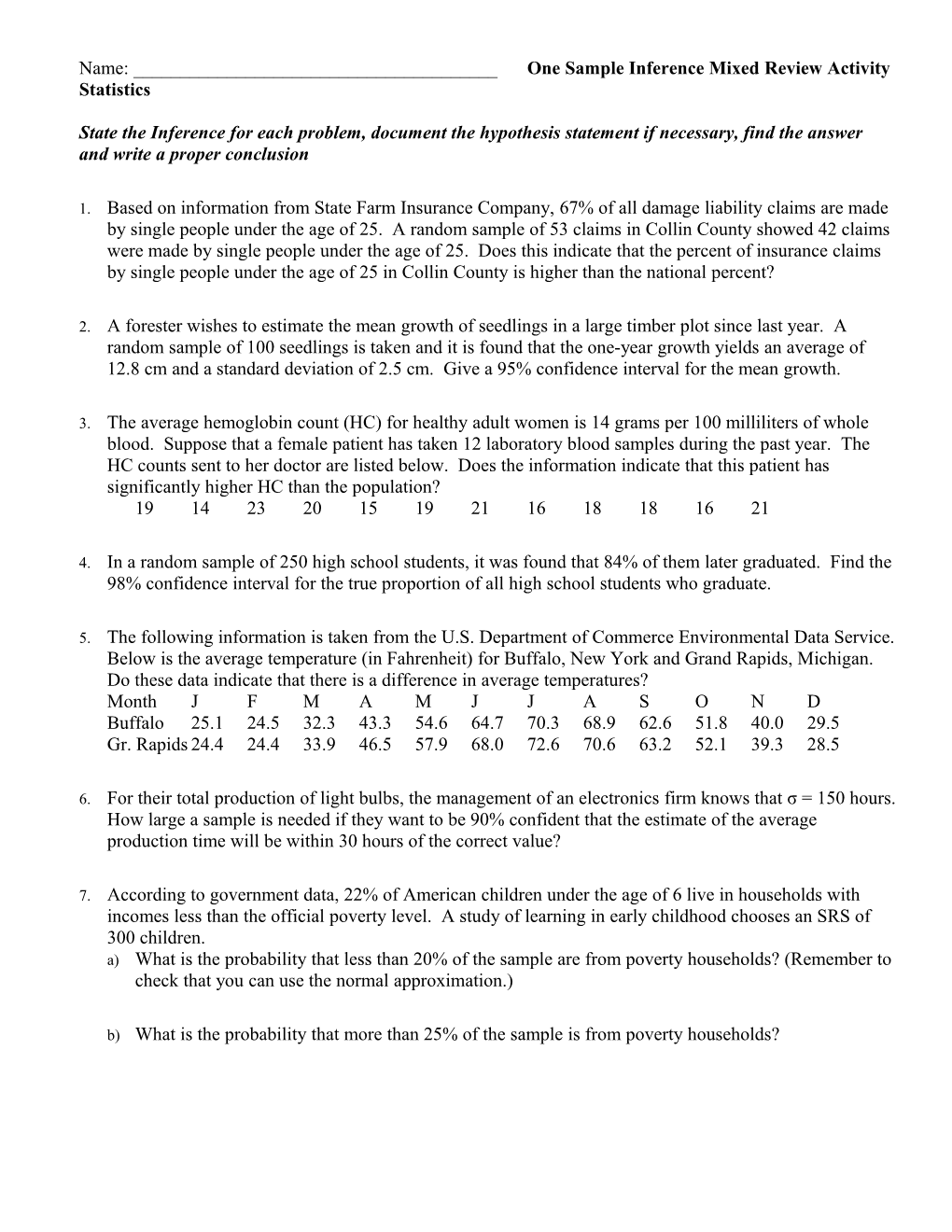 Name: ______One Sample Inference Mixed Review Activity