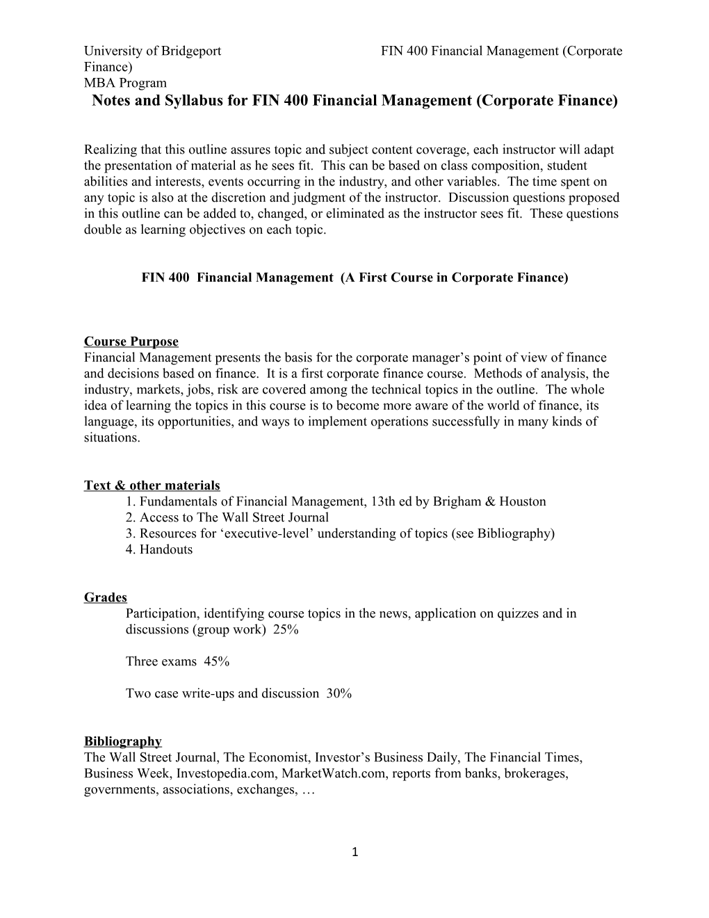 Notes and Syllabus for FIN 400 Financial Management (Corporate Finance)