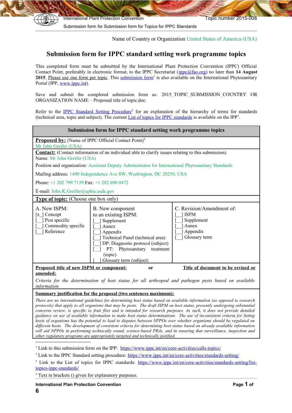 Submission Form for ICPM Work Programme Topics