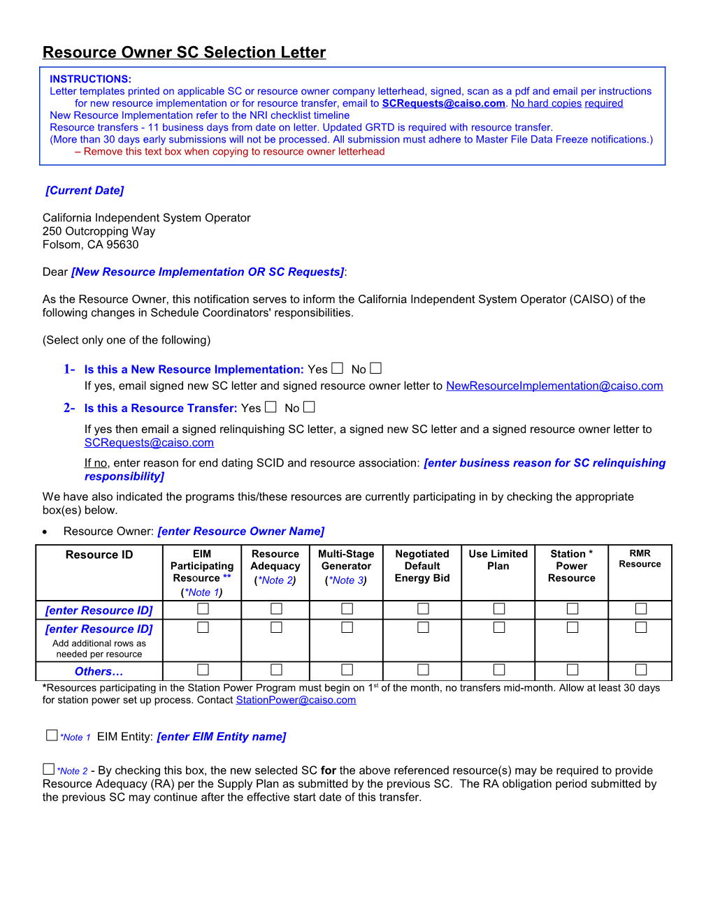 Resource Owner Scheduling Coordinator Selection - Letter Template