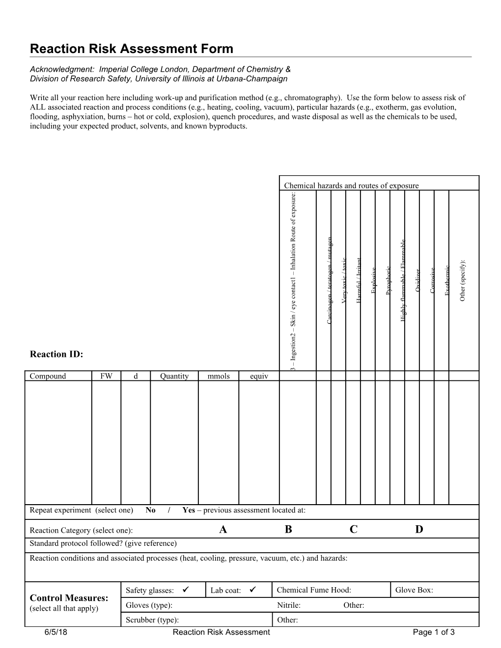 Reaction Risk Assessment Form