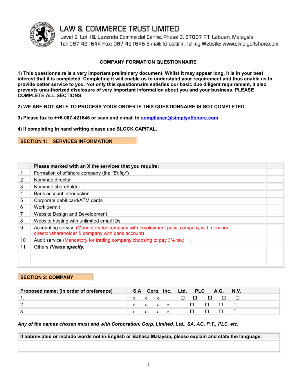 2) We Are Not Able to Process Your Order If This Questionnaire Is Not Completed