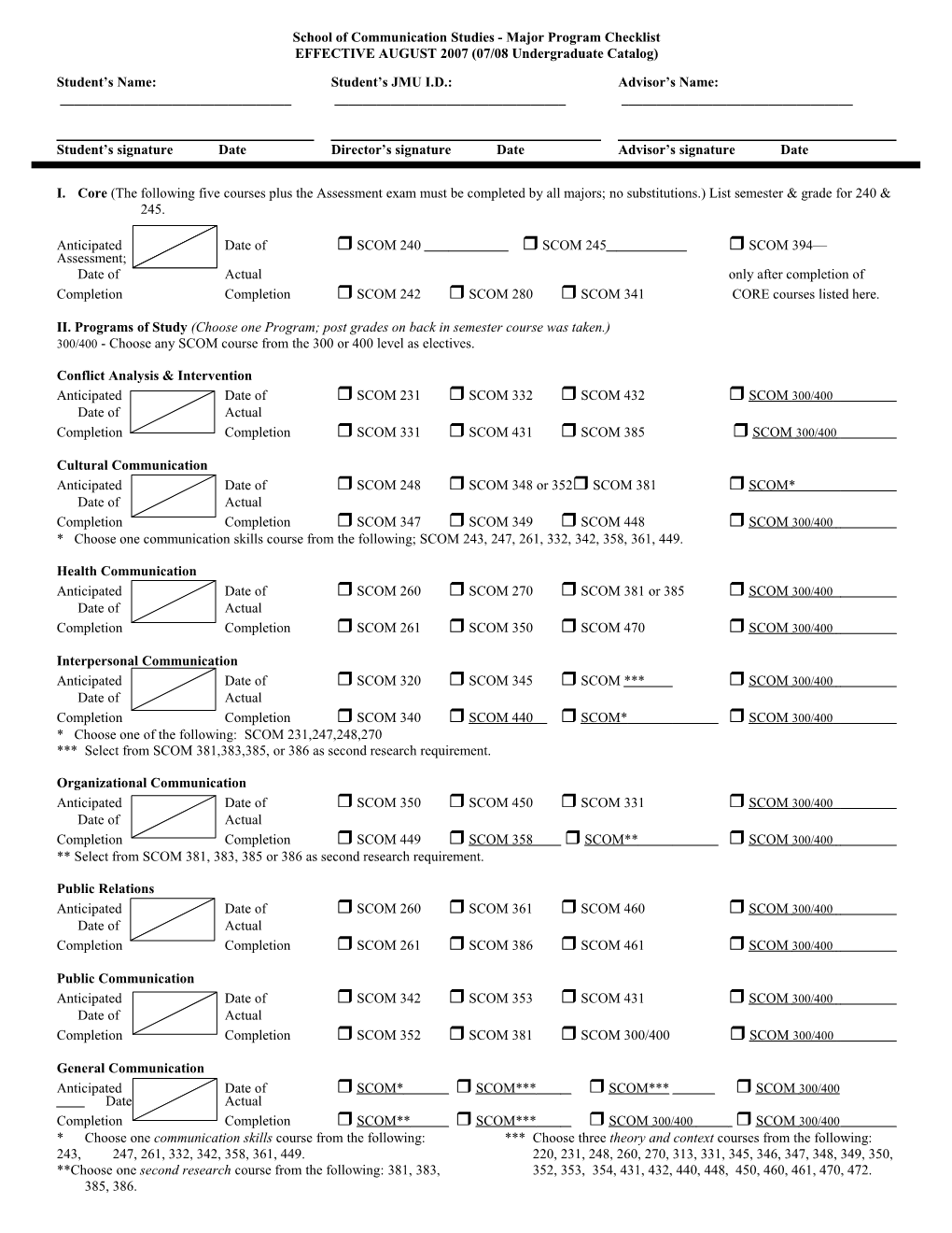 School of Speech Communication - Major Program Checklist