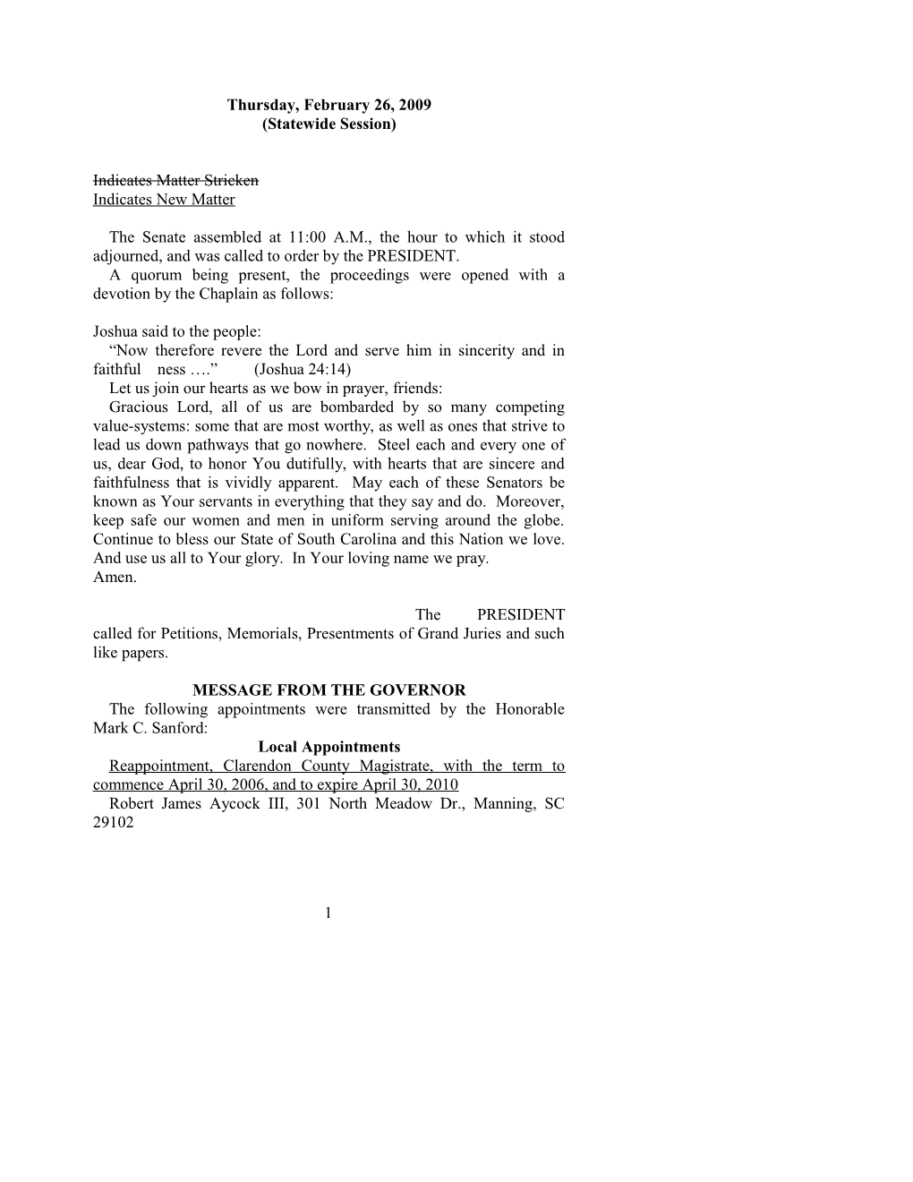 Senate Journal for Feb. 26, 2009 - South Carolina Legislature Online