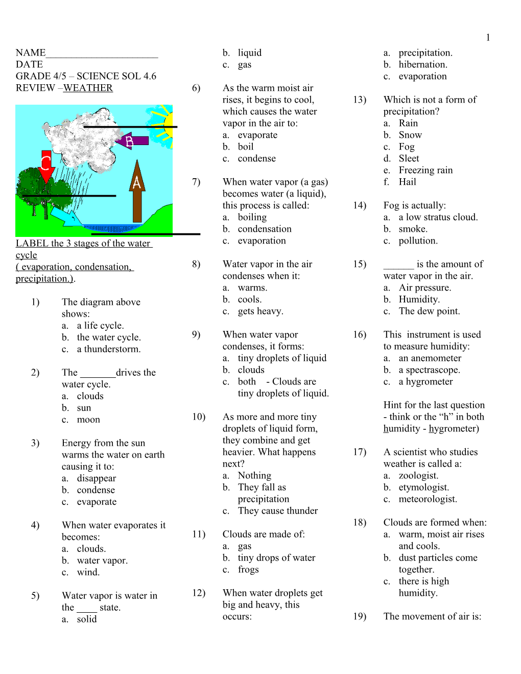 Grade 5 Science Sol Review Week 1 Weather