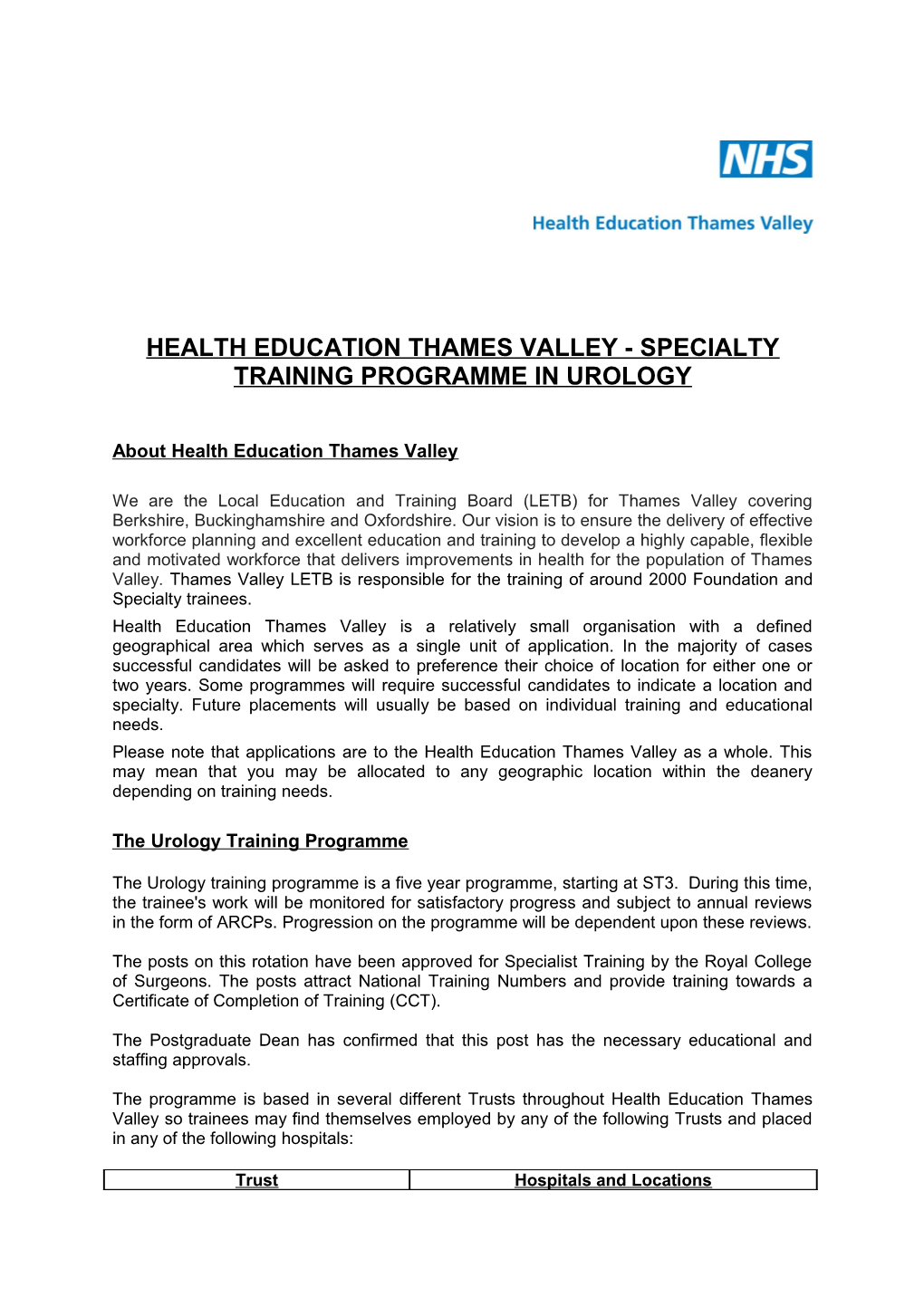 Health Education Thames Valley - Specialty Training Programme in Urology