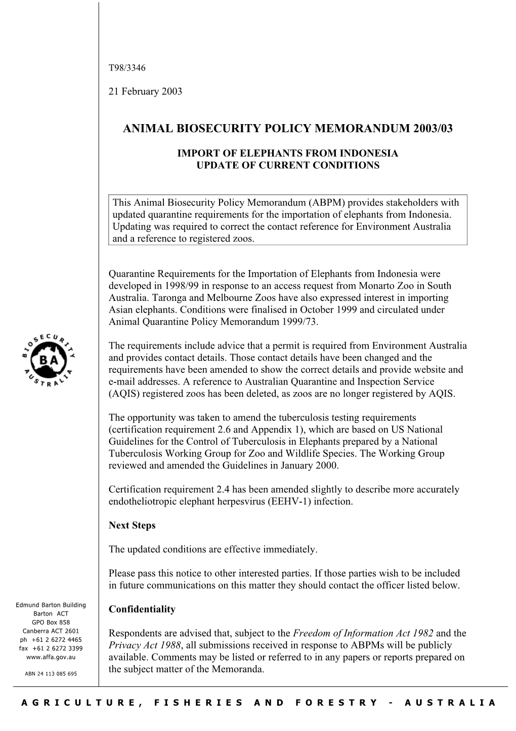 Animal Biosecurity Policy Memorandum 2003/03