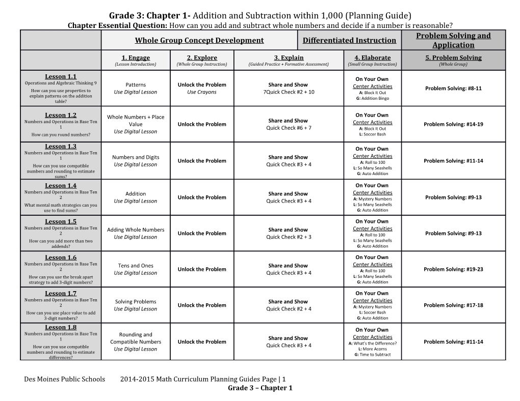 Grade 3: Chapter 1- Addition and Subtraction Within 1,000 (Planning Guide)