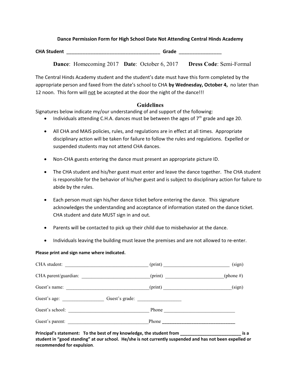 Dance Permission Form for High School Date Not Attending Central Hinds Academy