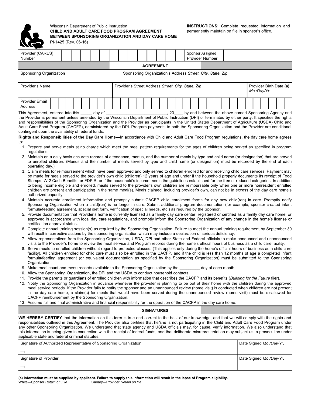 PI-1425 Child and Adult Care Food Program Agreement Between Sponsoring Organization And