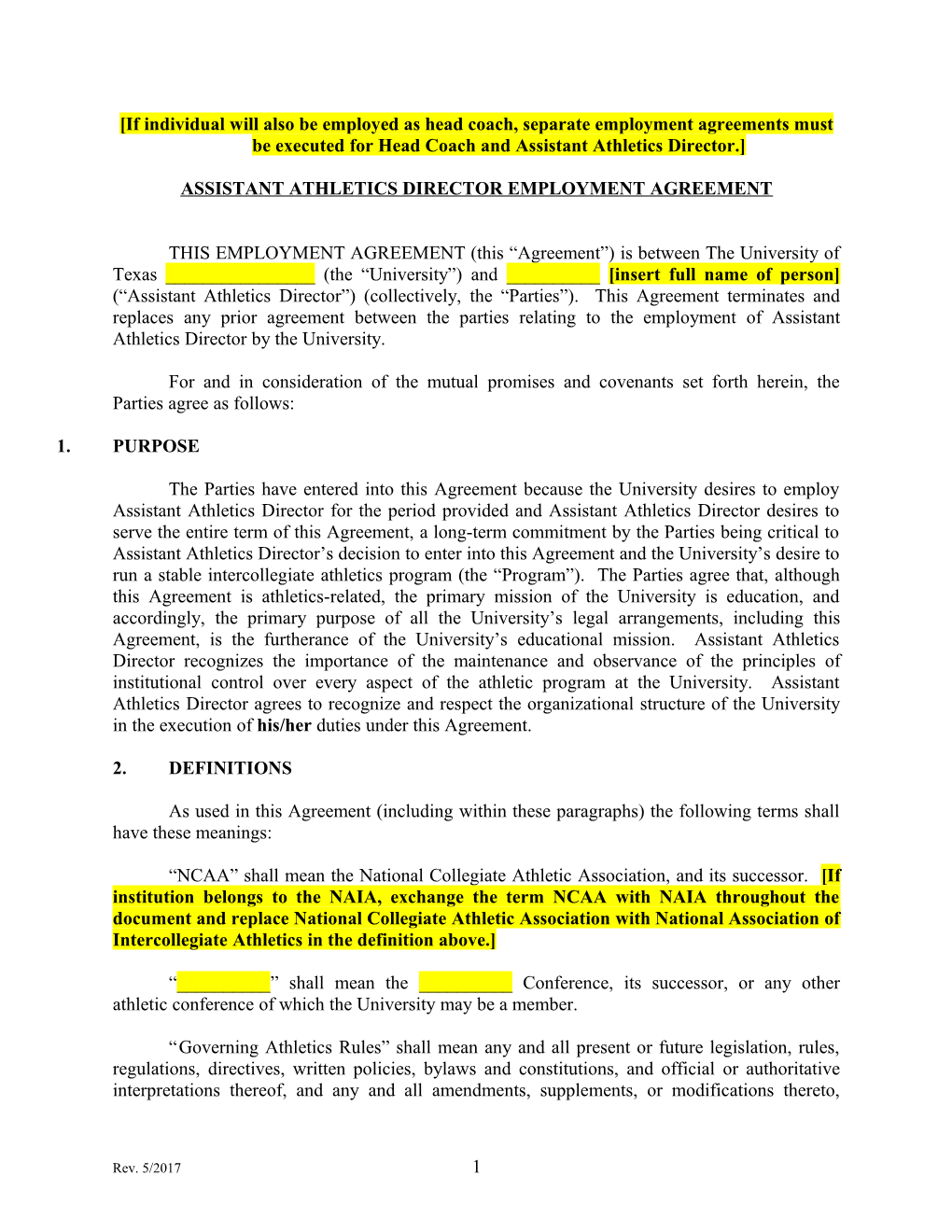 Assistant Athletics Director Employment Agreement