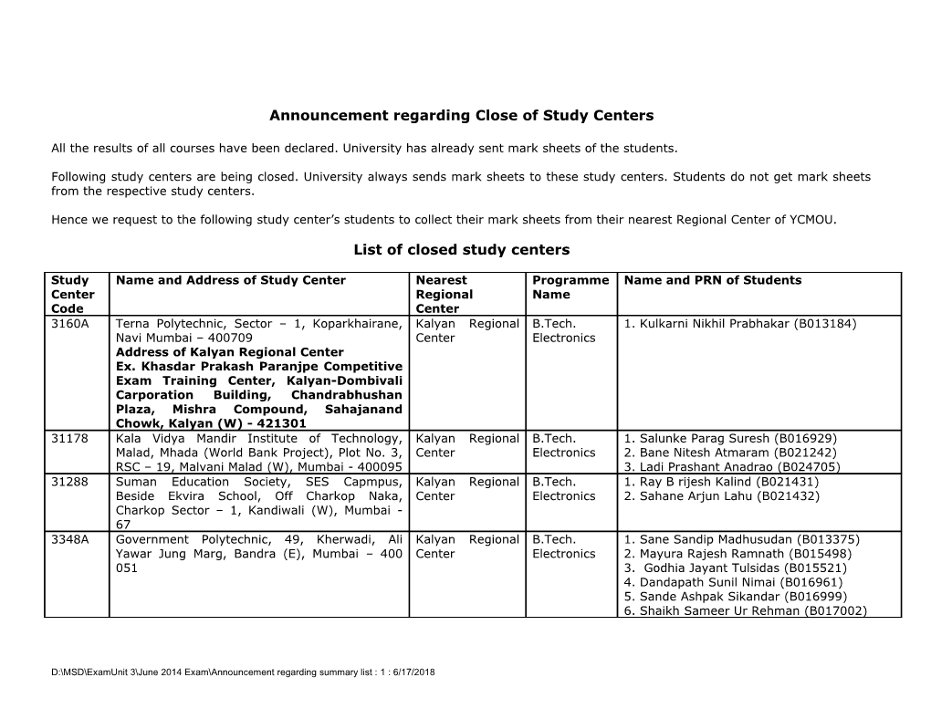 Announcement Regarding Close of Study Centers