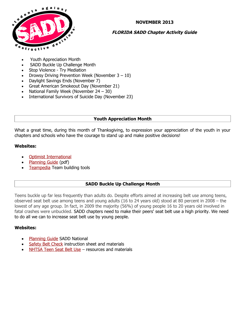 FLORIDA SADD Chapter Activity Guide