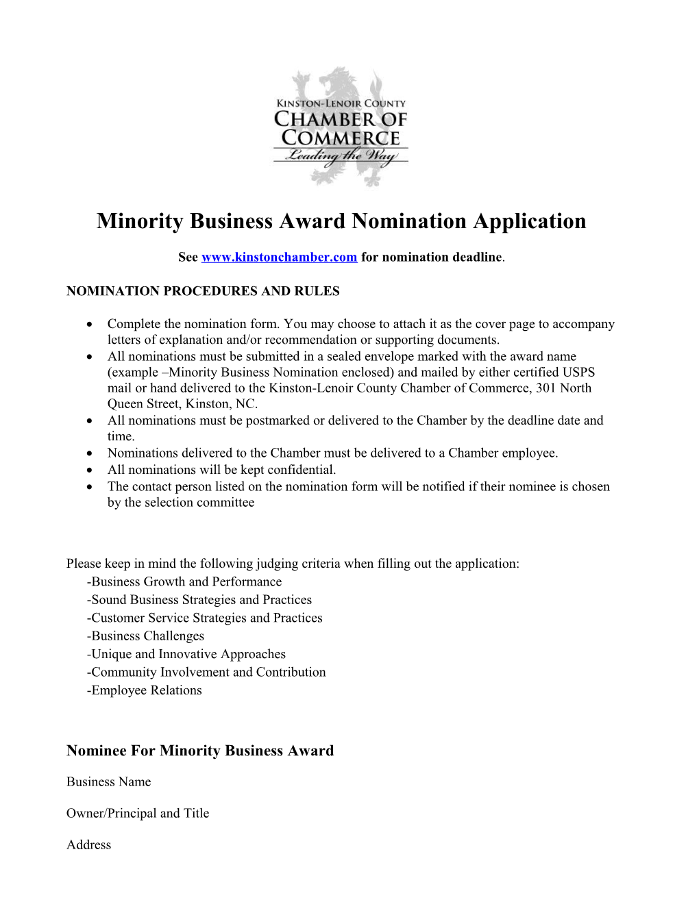 Minority Business Award Nomination Application