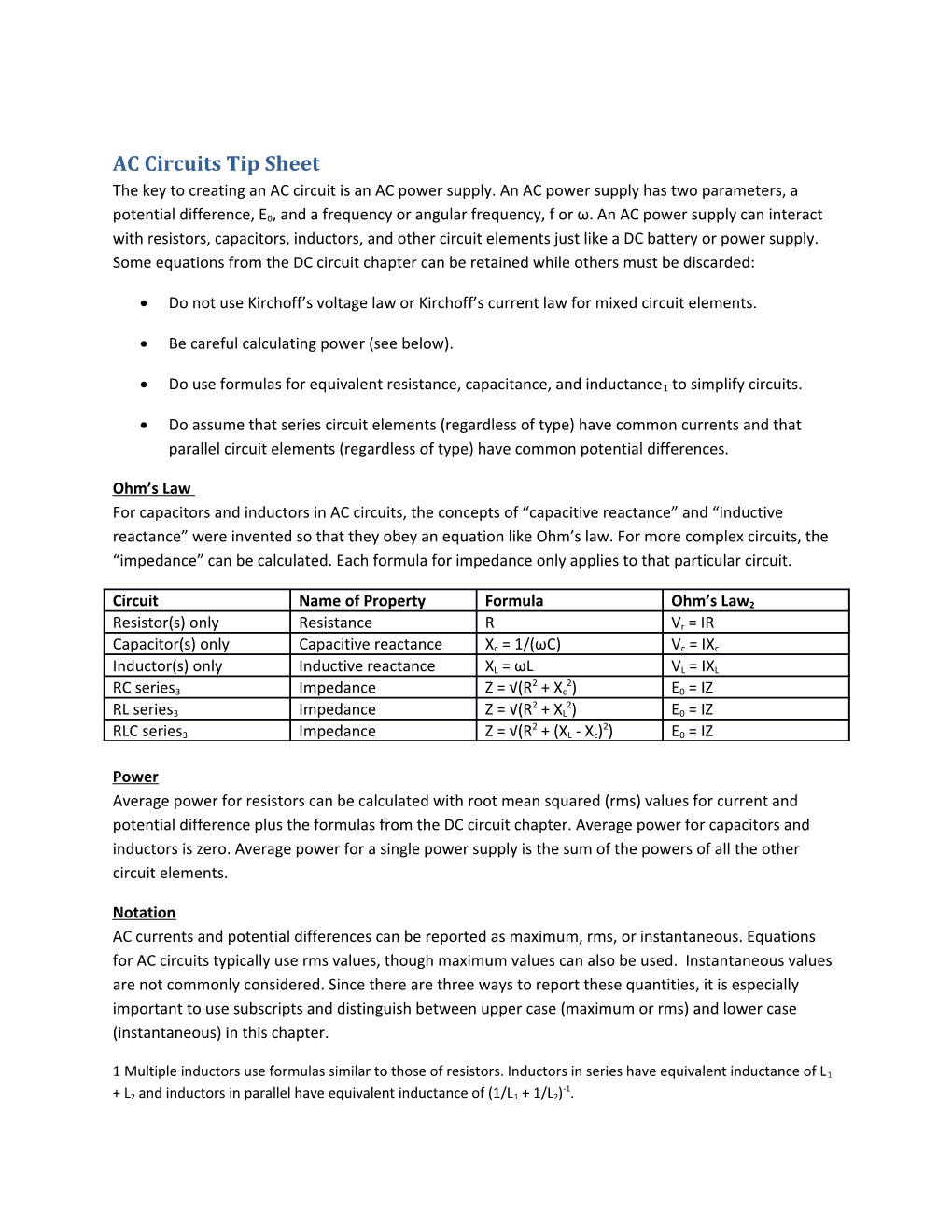 AC Circuits Tip Sheet