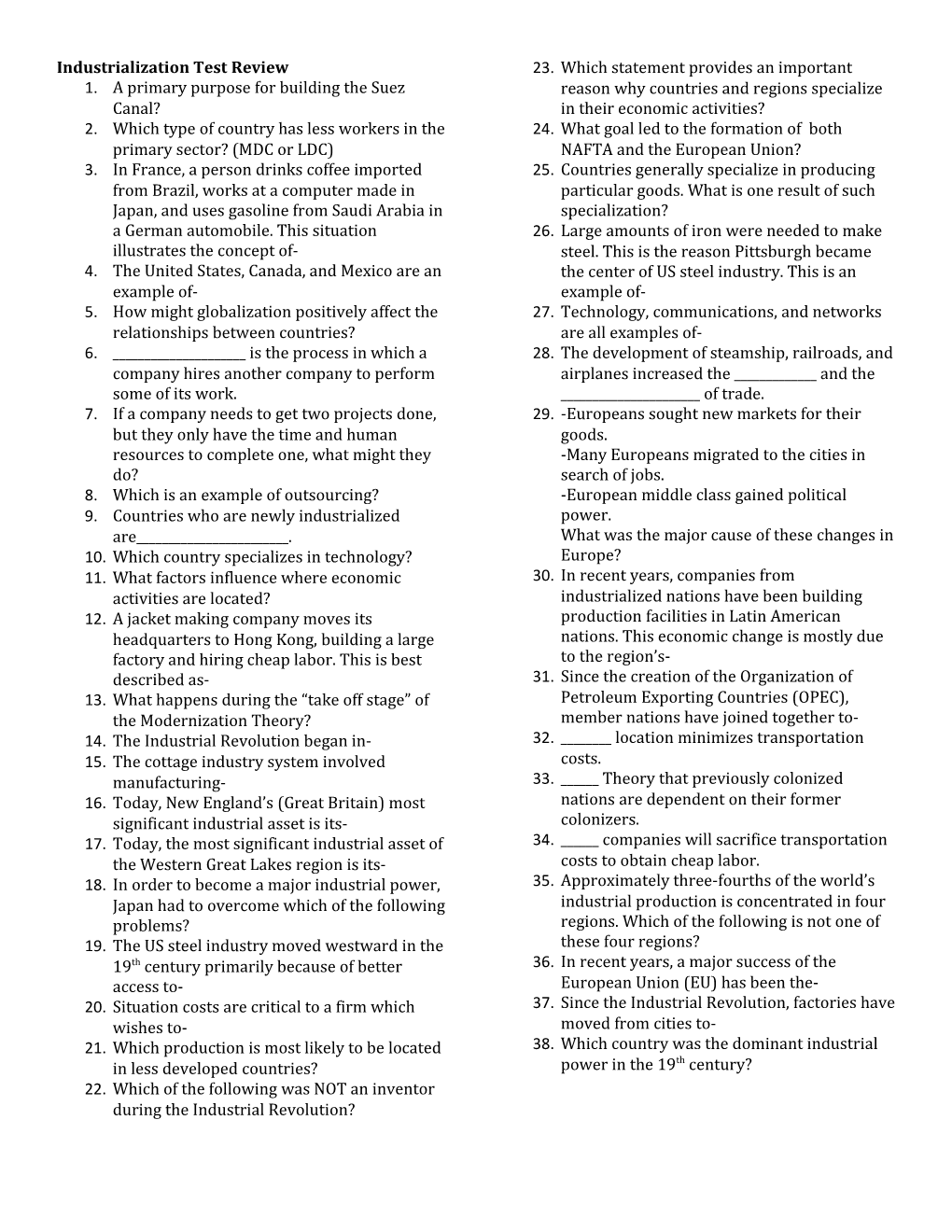 Industrialization Test Review