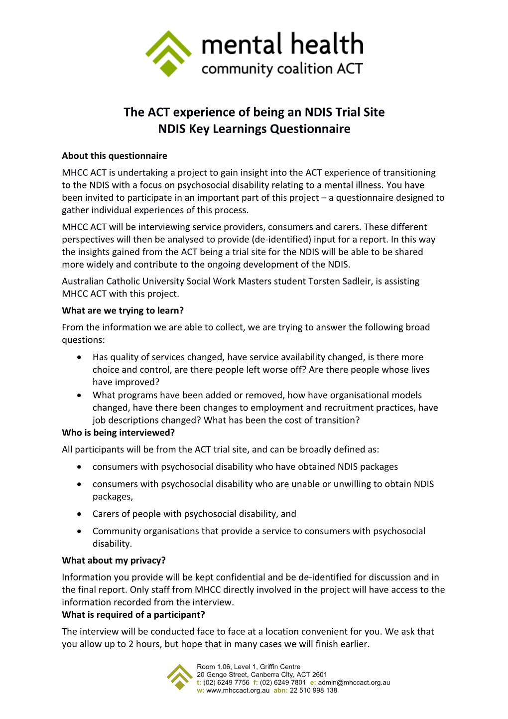 The ACT Experience of Being an NDIS Trial Site Ndiskey Learnings Questionnaire