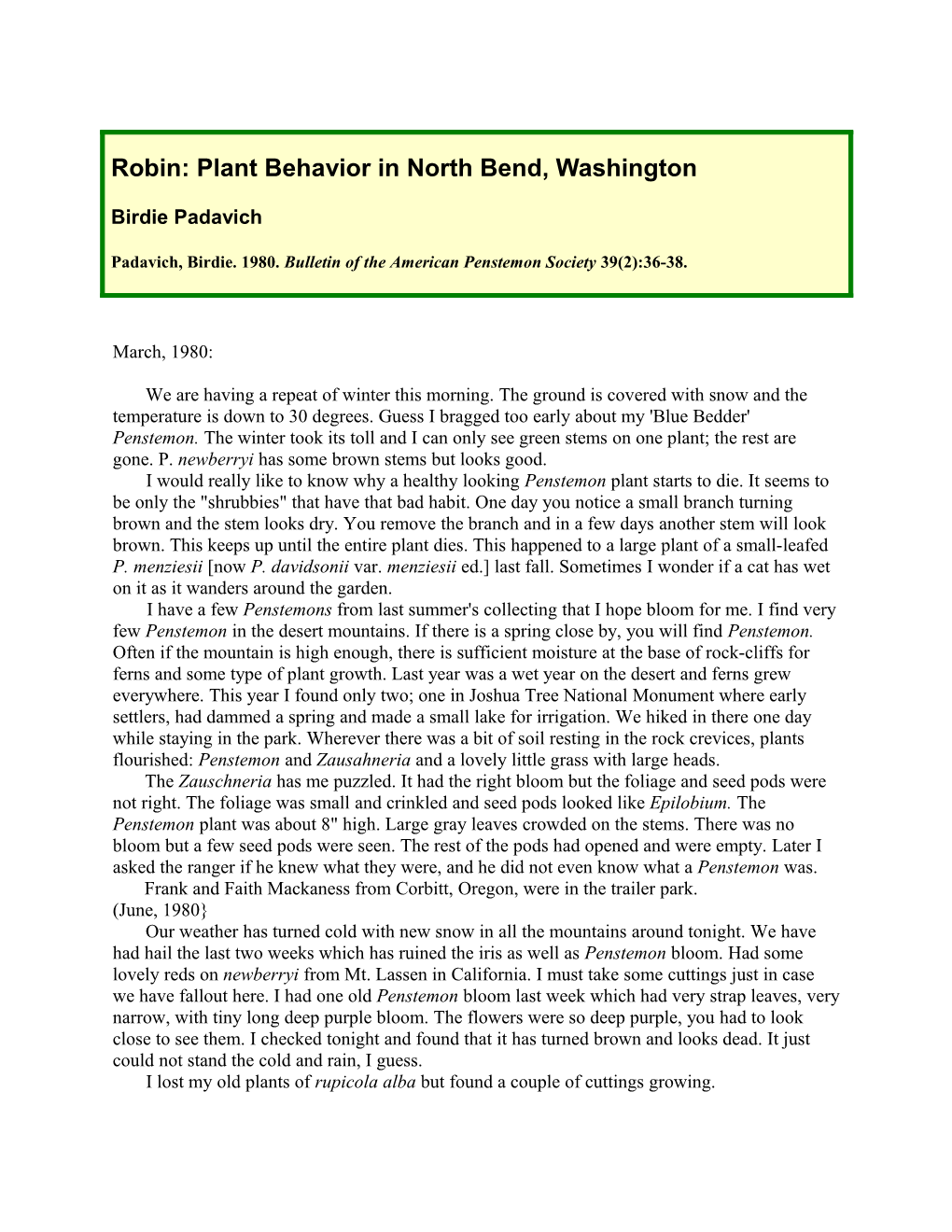 Robin: Plant Behavior in North Bend, Washington