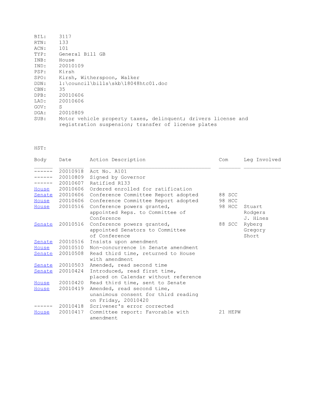 2001-2002 Bill 3117: Motor Vehicle Property Taxes, Delinquent; Drivers License and Registration