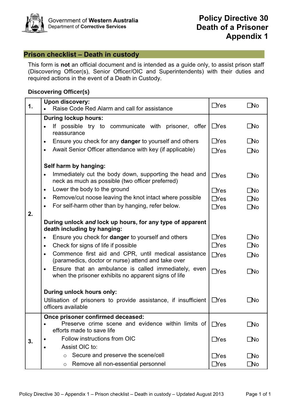 Policy Directive 30 Appendix 1 Prison Checklist Death in Custody