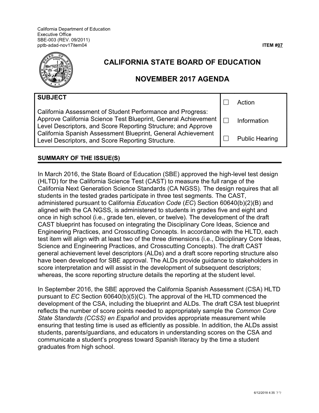 November 2017 Agenda Item 07 - Meeting Agendas (CA State Board of Education)