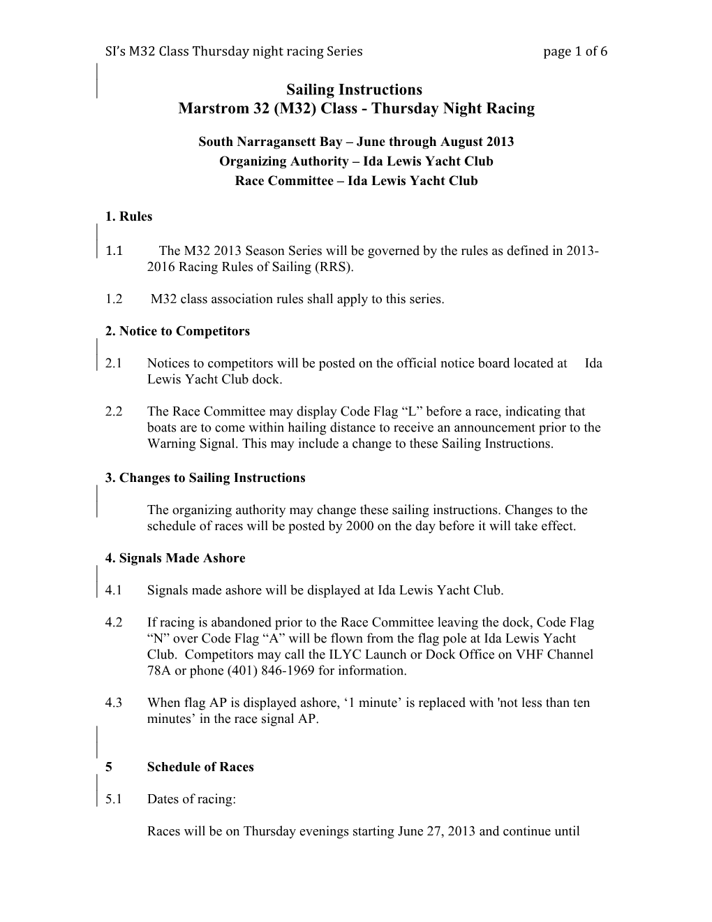 SI S M32 Class Thursday Night Racing Series Page 1 of 6