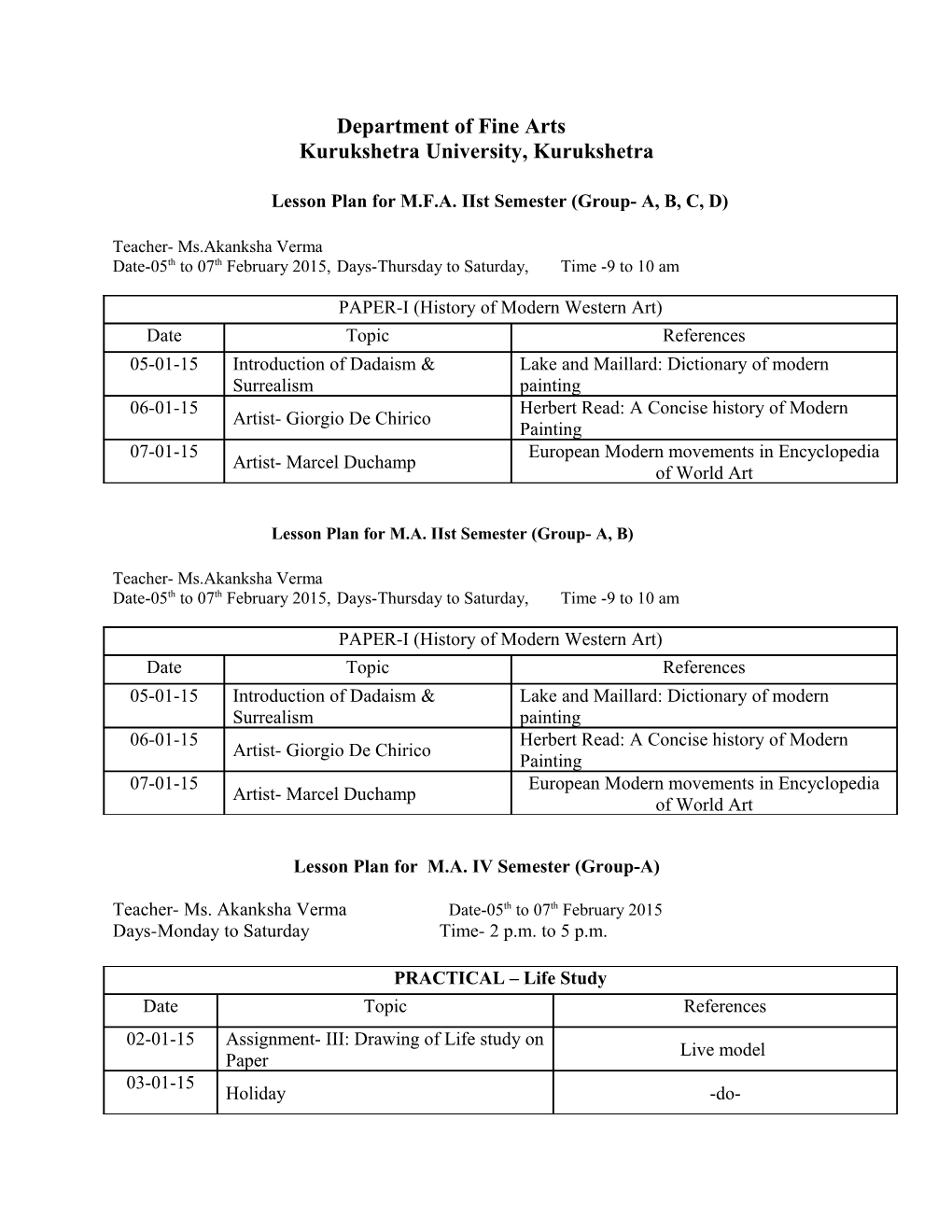 Lesson Plan for M.F.A. Iist Semester (Group- A,B,C,D)