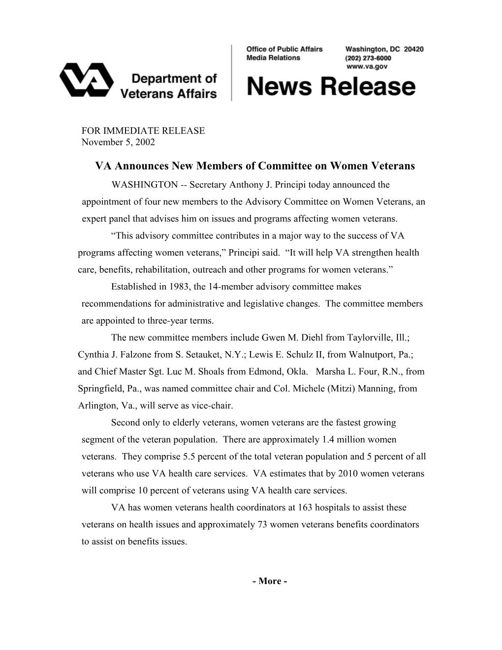 VA Announces New Members of Committee on Women Veterans