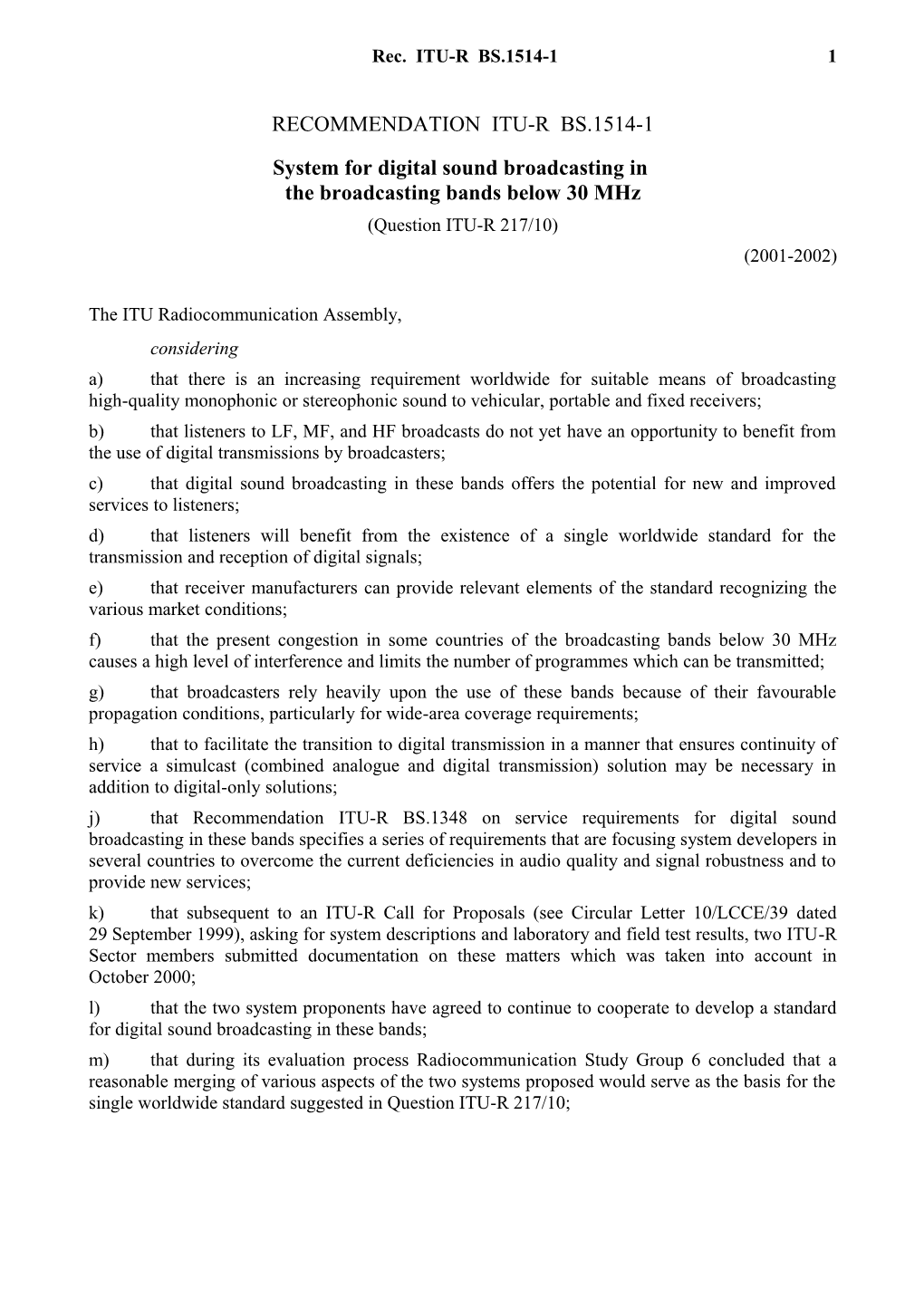 RECOMMENDATION ITU-R BS.1514-1 - System for Digital Sound Broadcasting in the Broadcasting