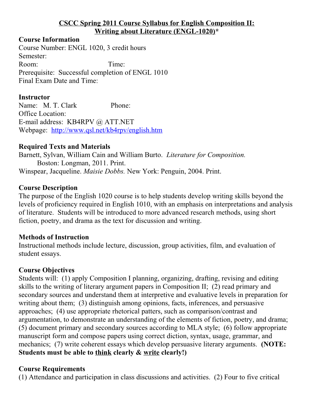 CSCC Spring 2011 Course Syllabus for English Composition II