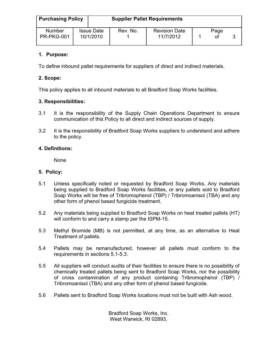 To Define Inbound Pallet Requirements for Suppliers of Direct and Indirect Materials