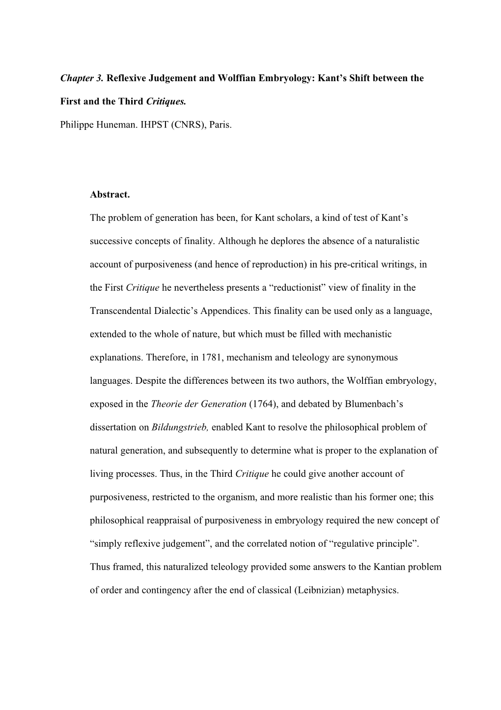 Chapter 3. Reflexive Judgement and Wolffian Embryology: Kant S Shift Between the First