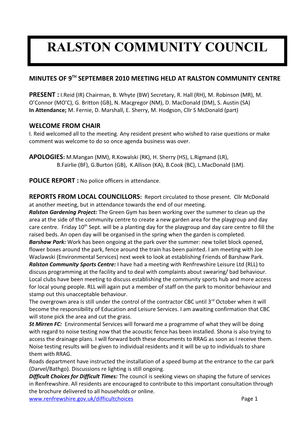 Minutes of 9Th September 2010 Meeting Held at Ralston Community CENTRE