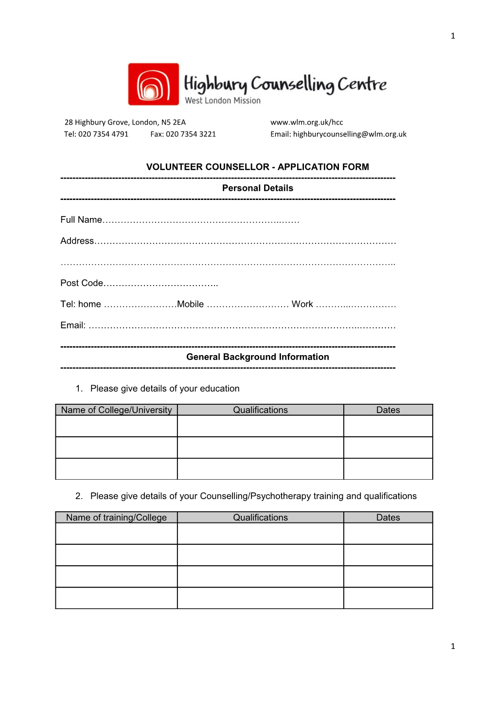 Volunteer Counsellor - Application Form