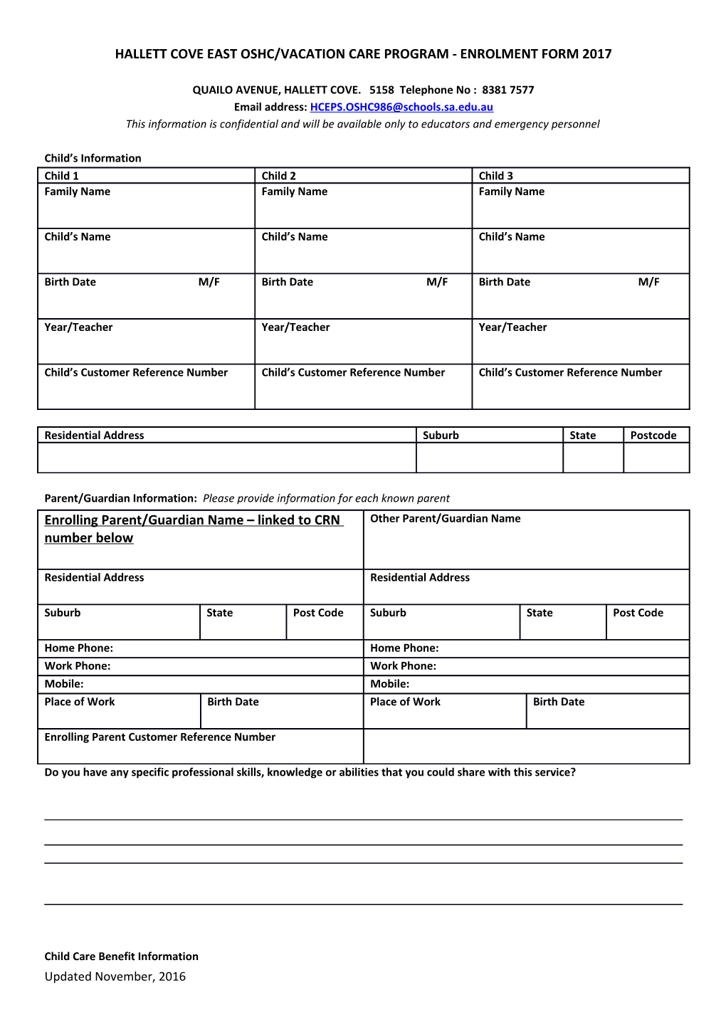 SHEIDOW PARK SCHOOL OSHC Enrolment Form 2013