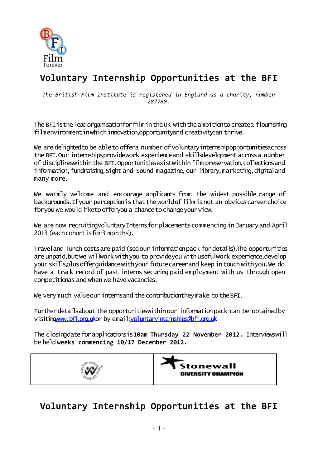 Voluntary Internship Opportunities at the BFI